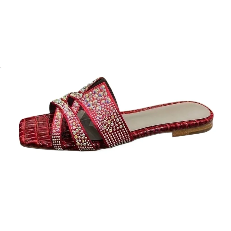 Slippers Square Toe Bling Rhinestone Women Fashionable Versatile Lazy Sandals Summer Outdoor Leisure Vacation Dresses Shoes