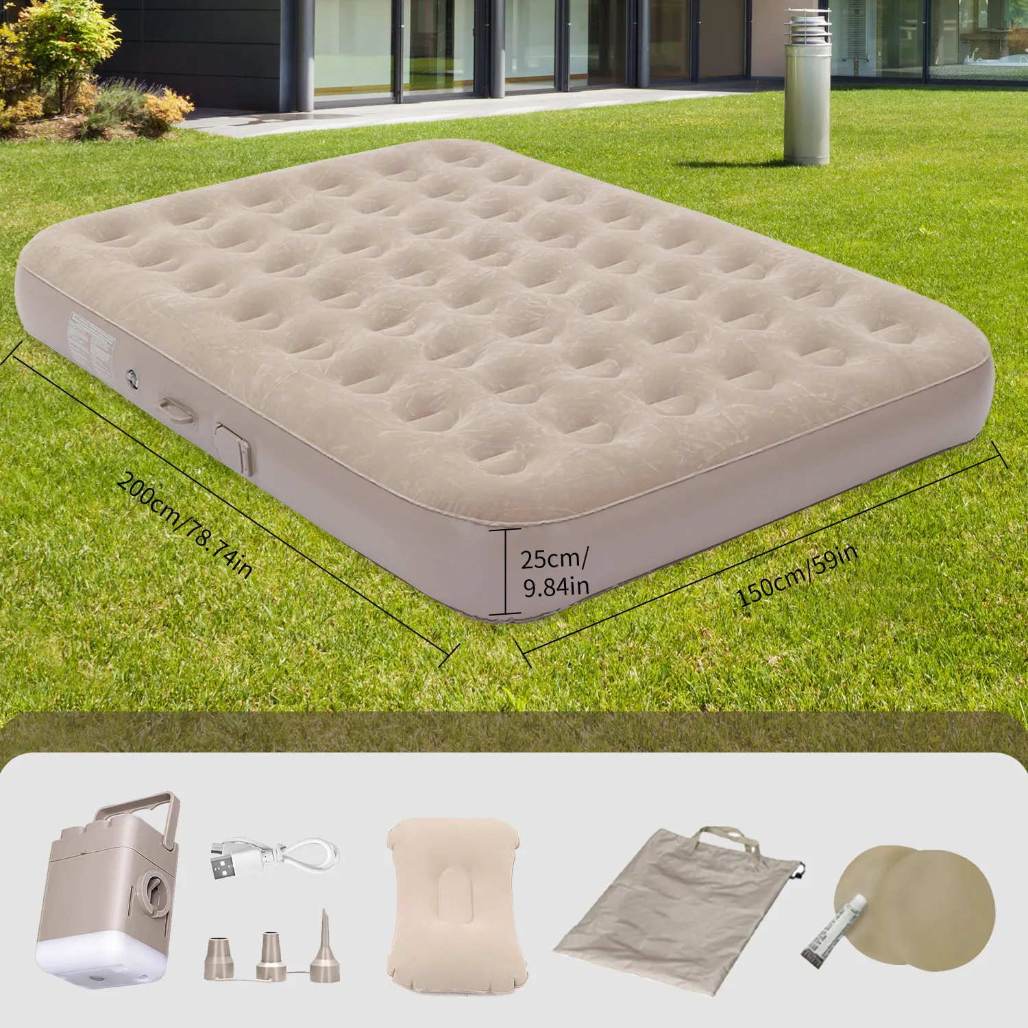 Opblaasbaar campingbed met ingebouwde pomp, LED-verlichting, opvouwbaar, voor 1/2 personen, draagbaar buitenbed - afbeelding 1