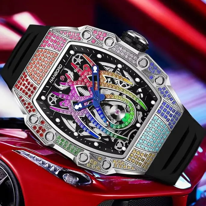 HANBORO Men Automatic Watch 50mm Tonneau Mechanical Wristwatch 50m Waterproof Skeleton Sapphire Spider Crystal Bezel Miyota 82S7
