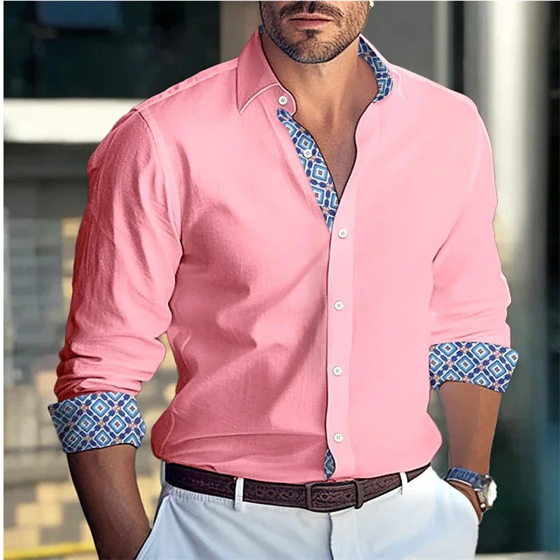 

Tiki men's long sleeve button down shirt pink shirt everyday vacation menswear casual comfortable fashion plus size XS-6XL