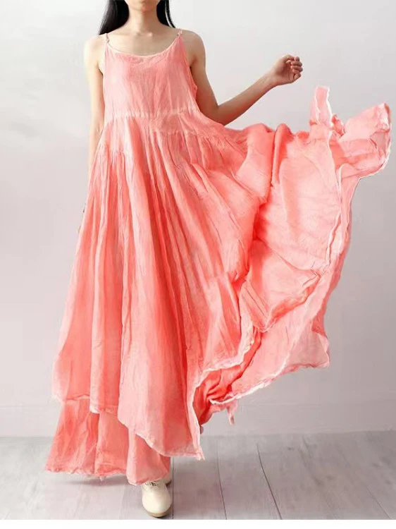 Artístico cor pura dupla camada assimétrica lin longo feminino dr verão emagrecimento cinta dres algodão linho material