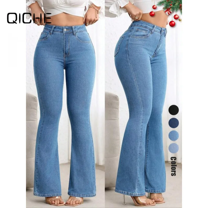 QICHE Neue 2026 Damen-Jeanshose mit hoher Taille, Stretch, schmaler Passform, Hüftlift, ausgestellter Schnitt, modische, lässige lange Hose