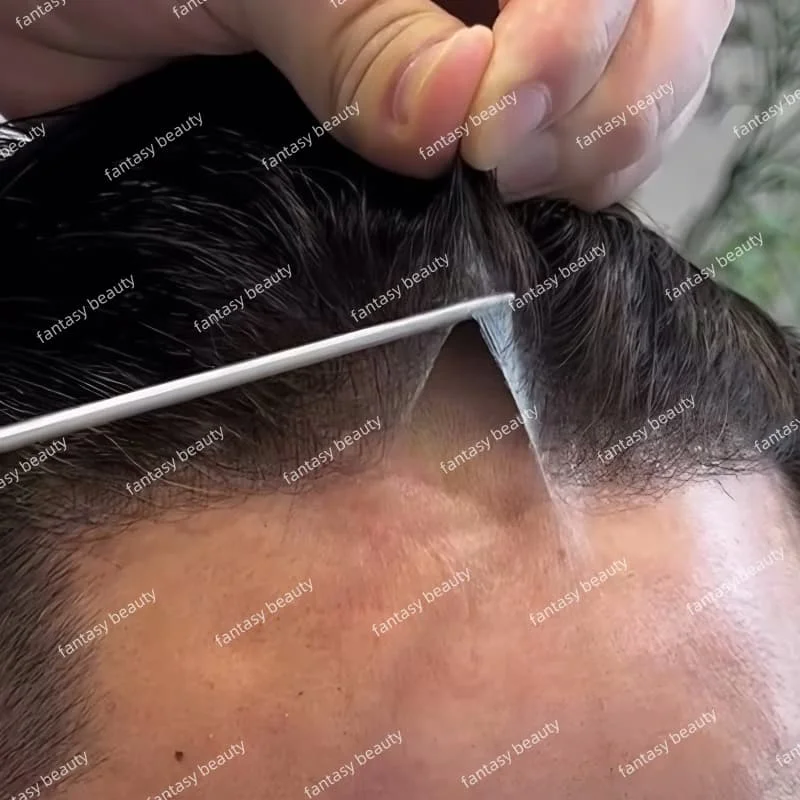 

90%-100% density double knots 0.02-0.03mm Thinness Microskin Men Toupee Men Capillary Prosthesis 100% Real Human black gray Hair