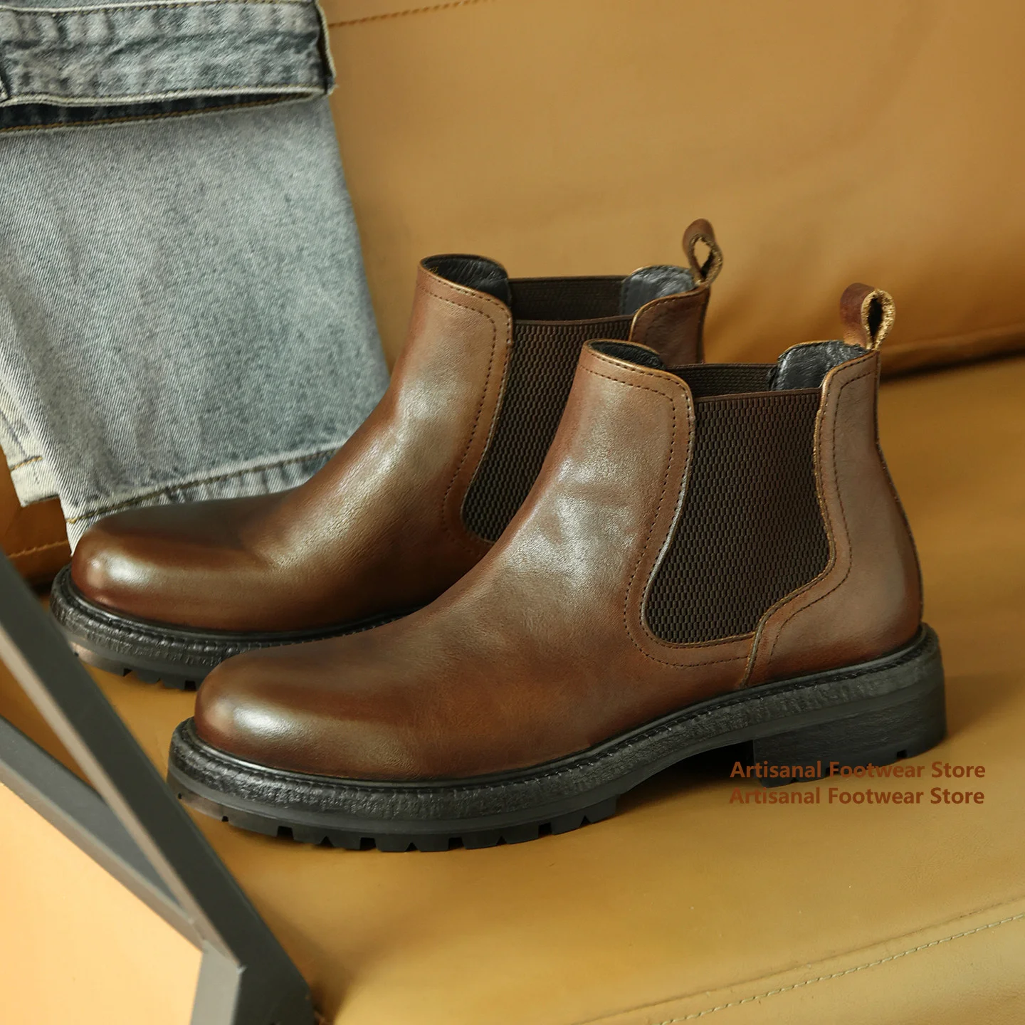 Men Retro Brown/black Leather Chelsea Boots Elastic Side Slip-On Thick Sole Ankle Boots Trendy Luxury Handmade Men's Boots