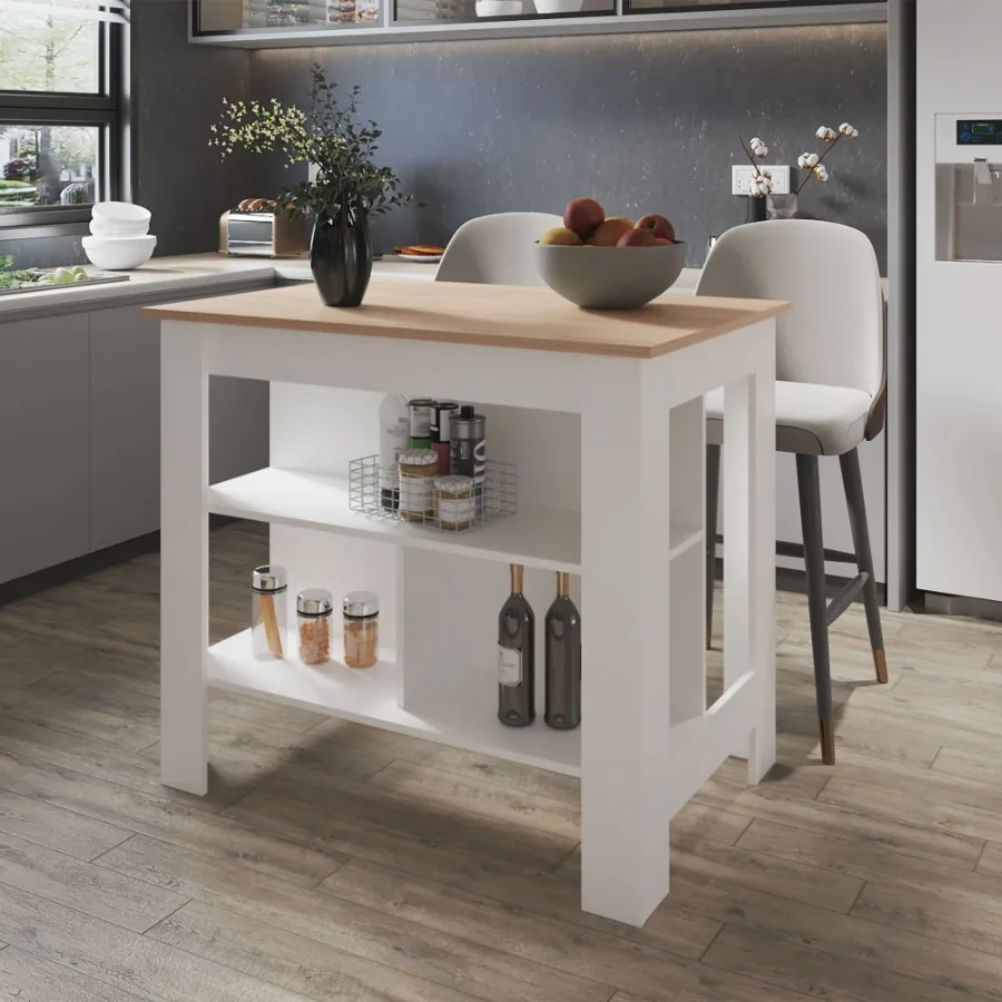 

Light Pine and White Kitchen Island with Open Storage