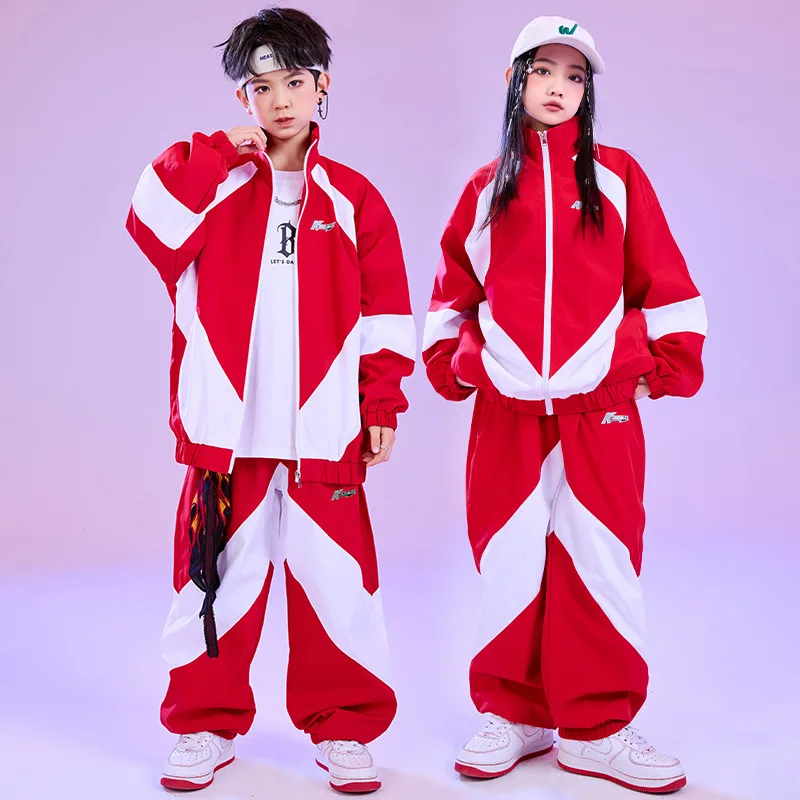 

Kid Hip Hop Clothing Red White Color Block Windbreaker Jacket Casual Jogger Pants for Girl Boy Jazz Dance Wear Costumes Clothes