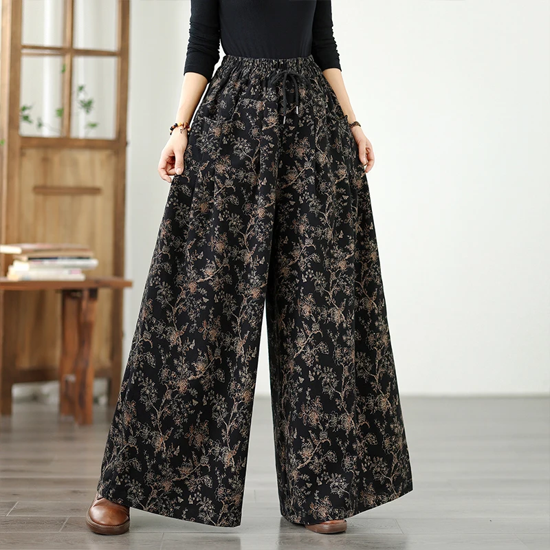 

Large Size Jeans Women Elastic Waist Drawstring Wide Leg Denim Pants Harajuku Y2K Loose Casual High Waist Printed Flower Jeans