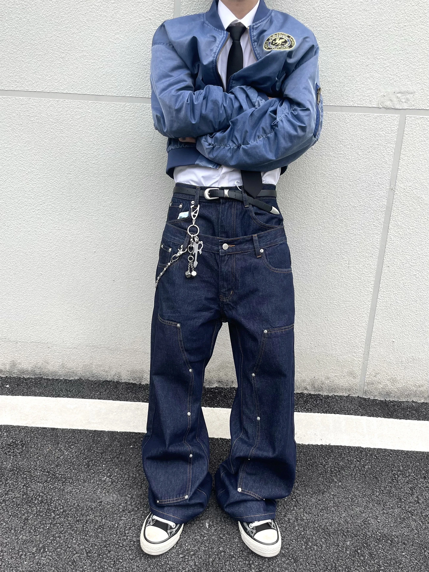 

American High Street Retro Original Jeans Men's Loose Straight Leg Casual Logging Denim Pants High Waist Studded Casual Jeans