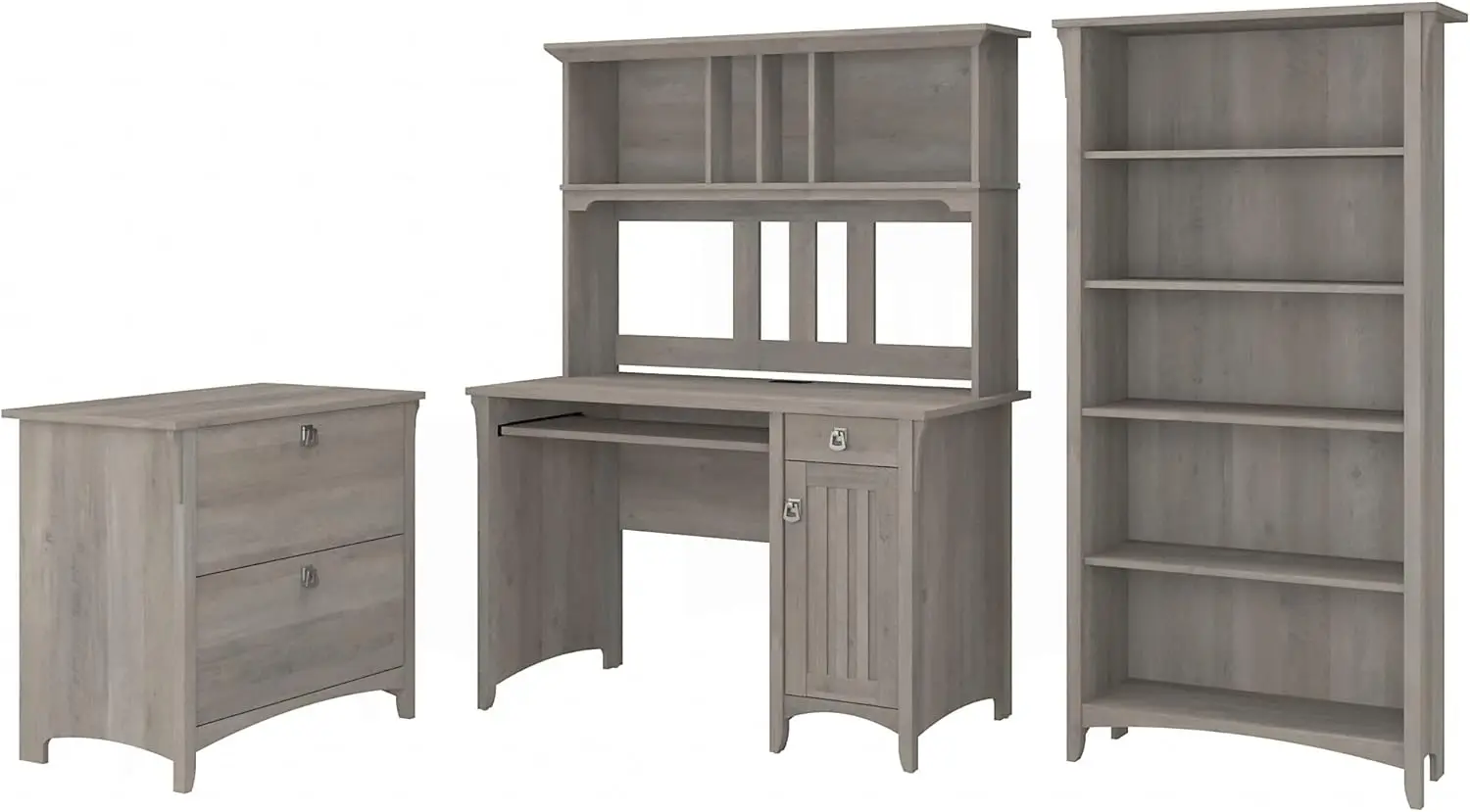 Salinas Mission Desk With Hutch, Lateral File Cabinet And 5 Shelf Bookcase