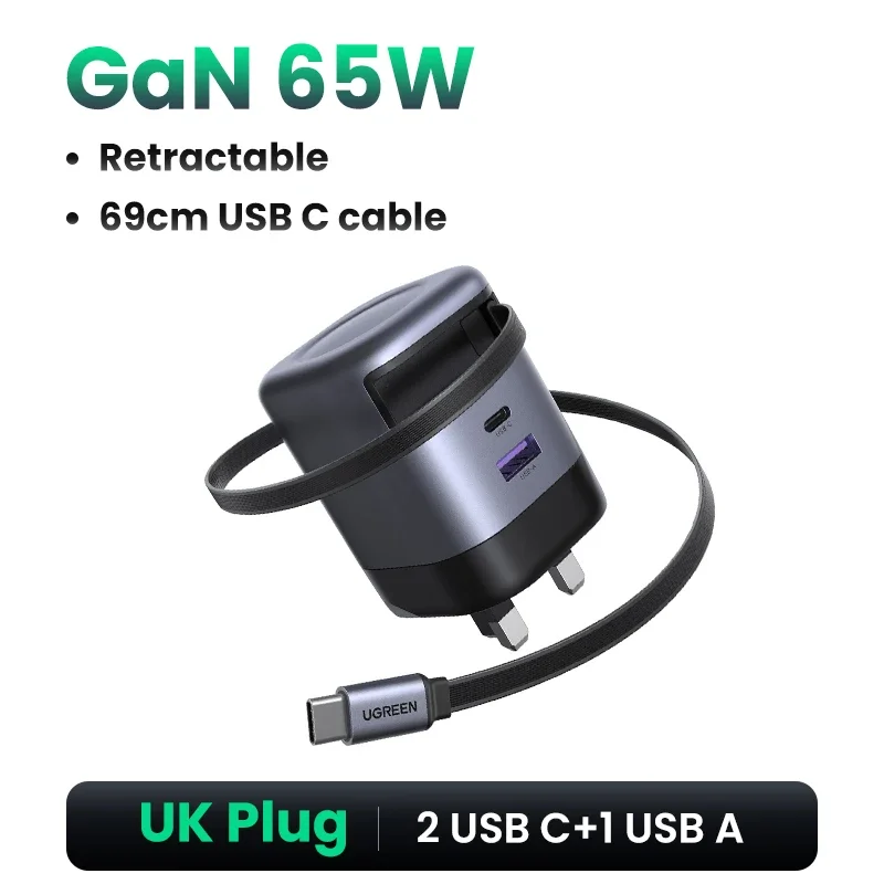 UGREEN 100W GaN-oplader met intrekbare USB C-kabel UFCS PPS PD snellader voor laptop Macbook Pro iPad tablet iPhone Samsung