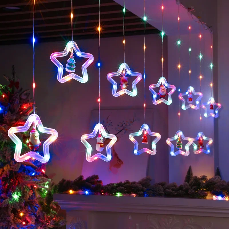 Guirnalda de luces navideñas con forma de estrella de Papá Noel, cortina de luz con enchufe USB, guirnalda de fiesta navideña, lámpara para