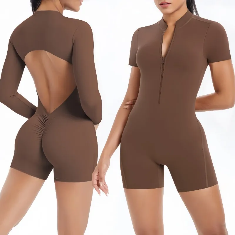 

Women's Seamless Yoga Bodysuit - Cut-Out Back & Half Zip Peach Booty Lift Naked Feel Quick-Dry Gym Running Workout One-Piece