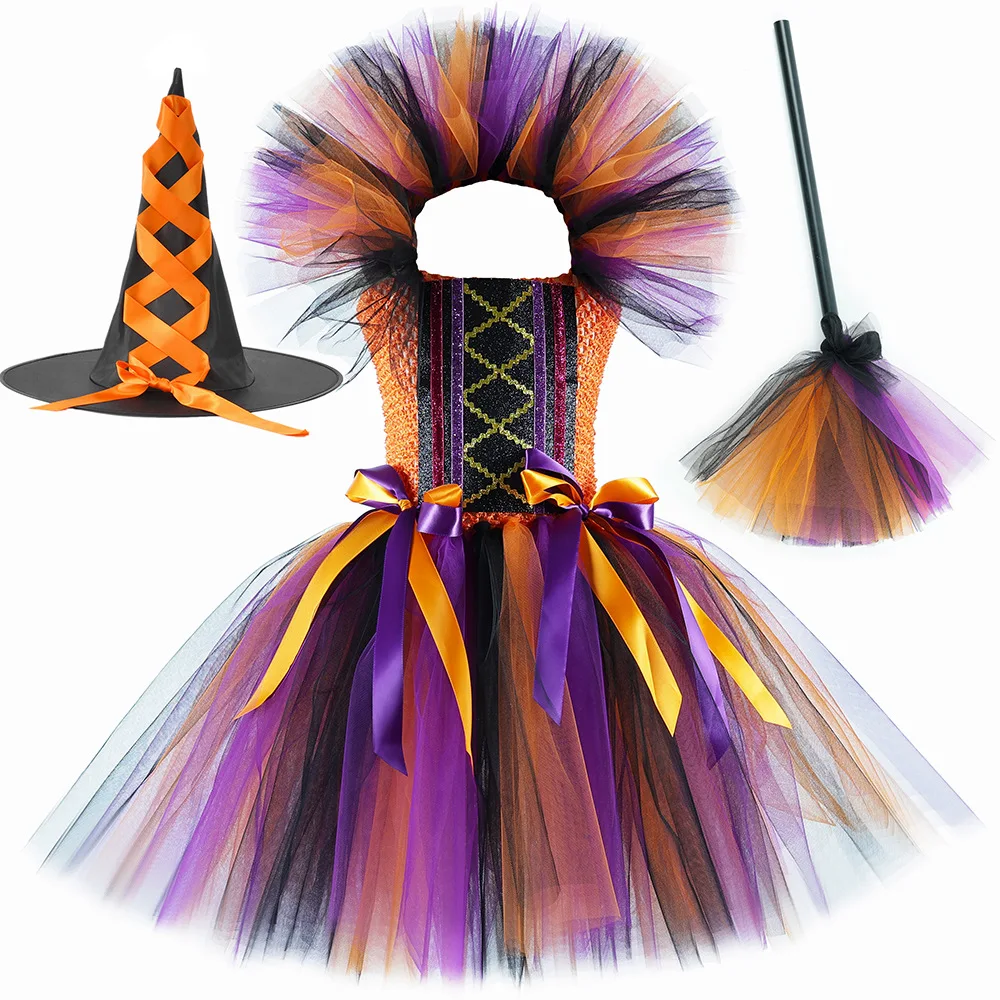 

Kids Halloween Witch Costumes for Girls Carnival Party Fancy Dress Children Witches Disguise Tutu Outfit Clothes with Broom Hat