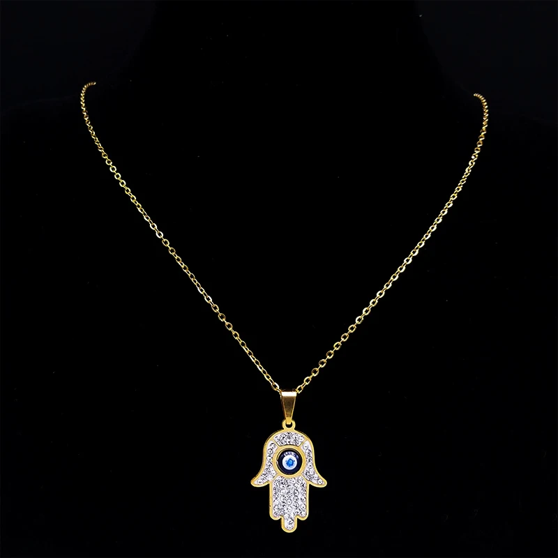 Greek Eye Fatima Hand Necklace for Women Men Stainless Steel Turkish Evil Blue Eye Protection Chain Islamic Jewelry  N8041S01