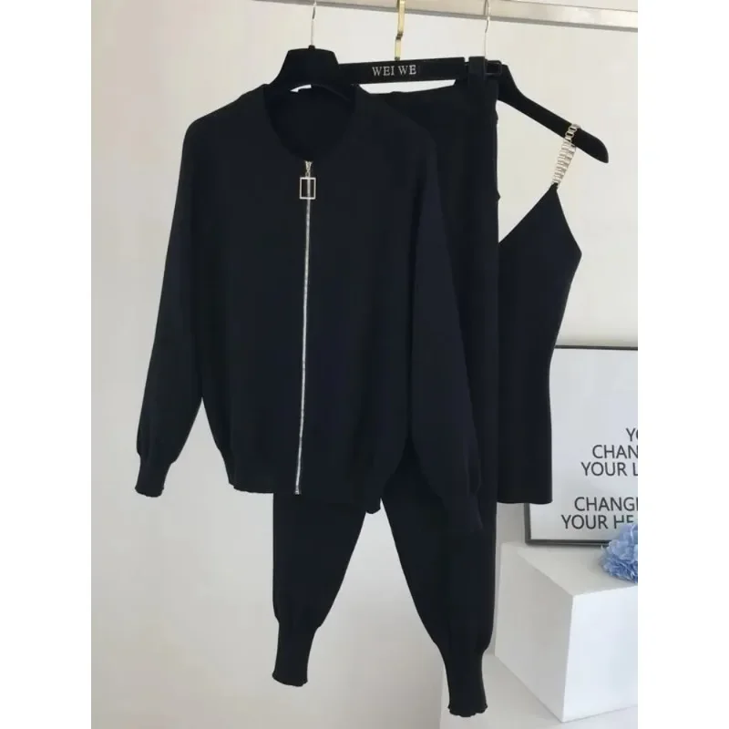 

2024 Spring Autumn Knitted Sweater Suit Casual Temperament Chain Vest Knitted Jacket + Elastic Pants Three-piece Sets N251