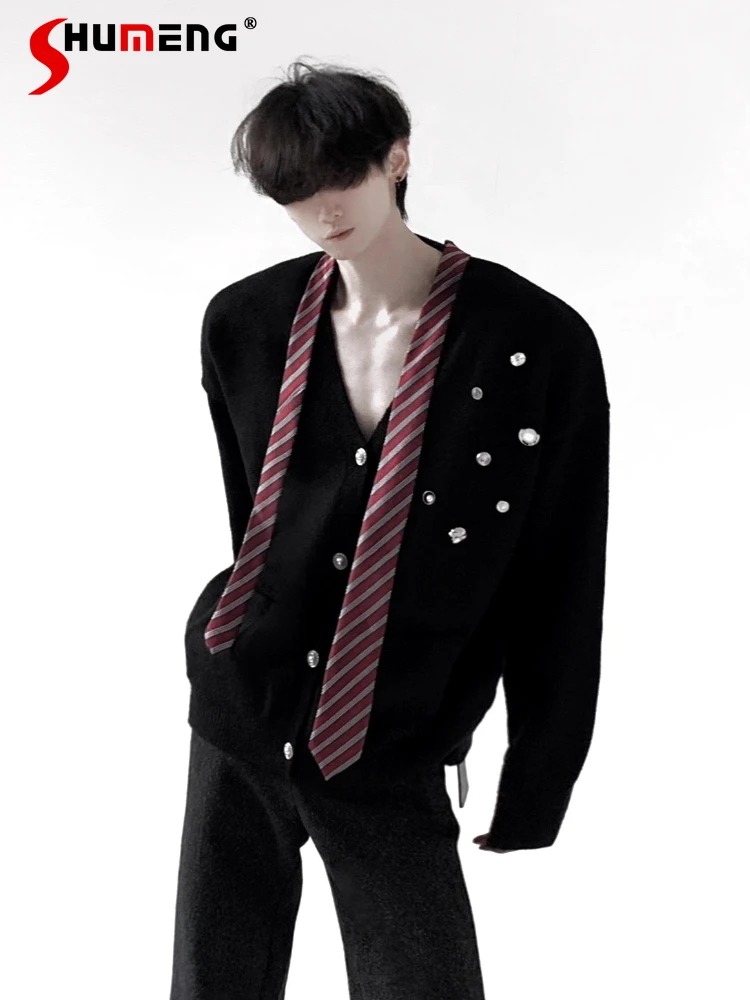 

Men's 2025 Winter New Diamond Fashion Tie V-Neck Sweaters High-End Knitted Cardigan Jackets Long Sleeve Solid Color Knitwears