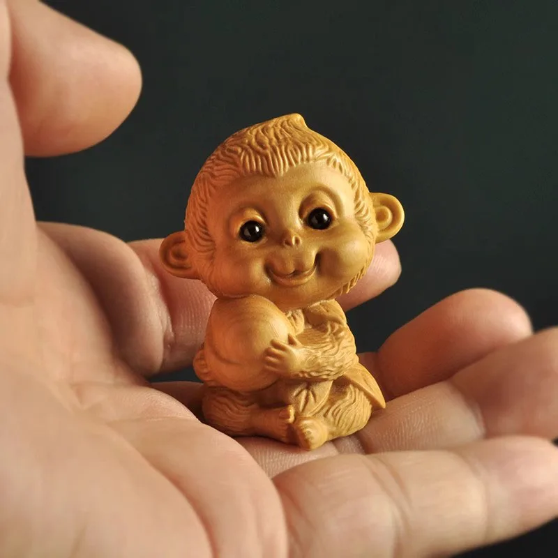 

XS1501- 5X3X3 CM Monkey with Peach Boxwood Sculpture Animal Figurine Mini Statue Birthday Gift