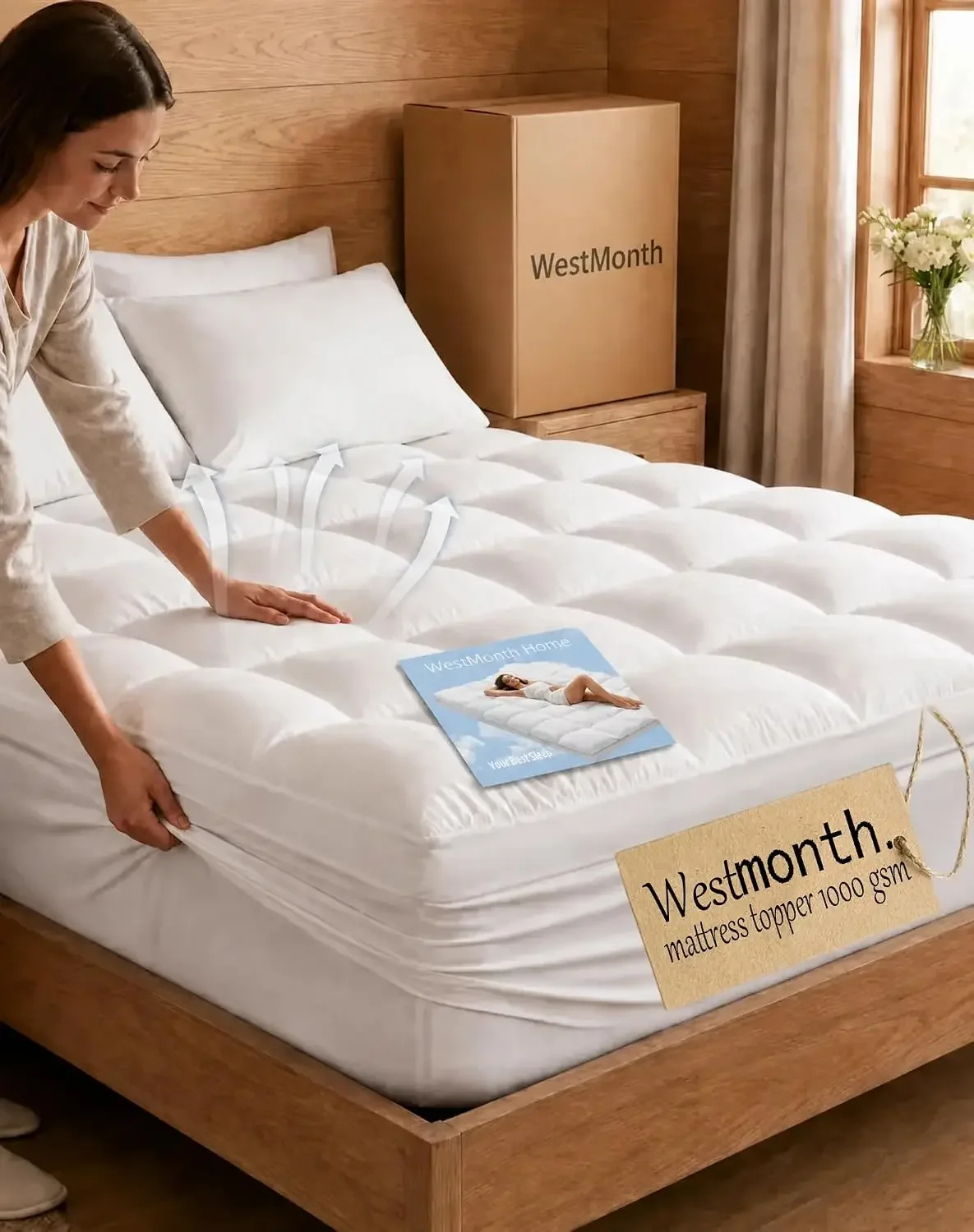 WestMonth Premium Quilted 1000GSM Luxury Extra Thick Mattress Topper - Breathable & Fluffy Soft Cooling Bed Cover with Deep Pock