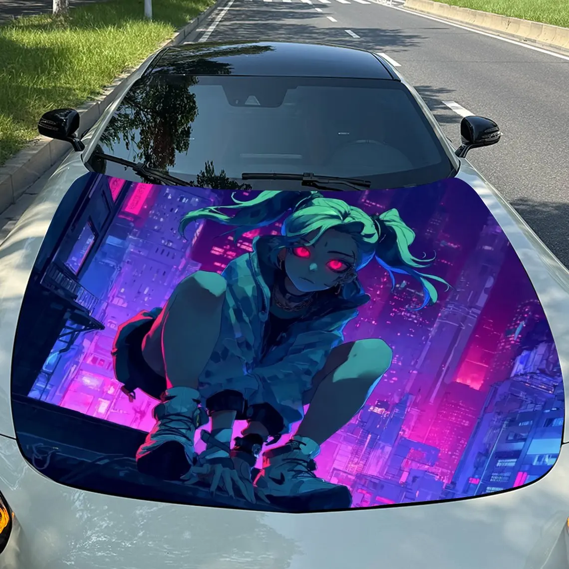 

Cyberpunk Style Girl Car Vinyl Wrap, PVC Waterproof Car Hood Sticker, Self-Adhesive Scratch-Resistant Stickers For Engine Cover,
