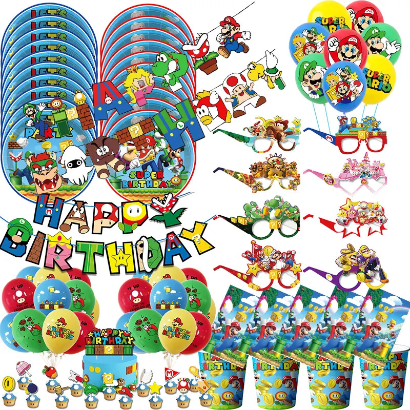 Décorations Super Mario pour Fête d'Anniversaire : Assiettes, Gobelets, Ballons Mario, Sacs Cadeaux et Toile de Fond pour Fournitures de Fête d'Anniversaire Enfant