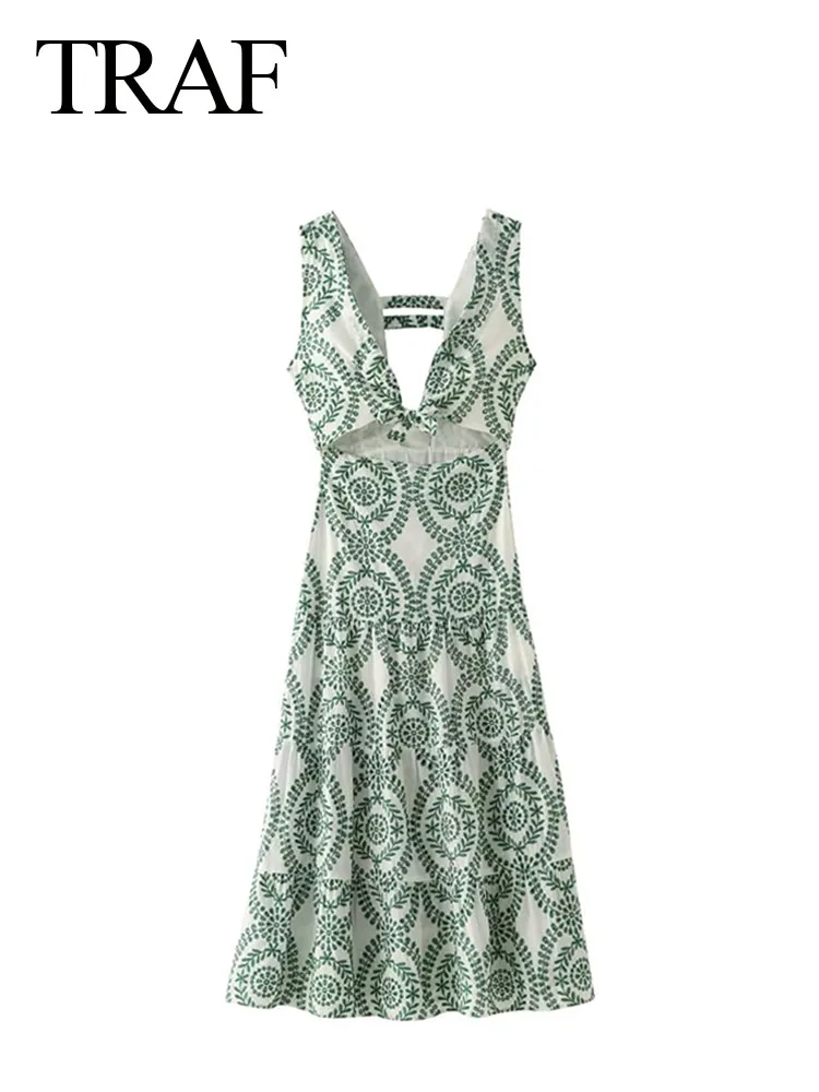 TRAF-Vestido largo con estampado verde para mujer, traje largo con escote en V, sin mangas, Espalda descubierta, lazo decorativo, Vintage, 2024