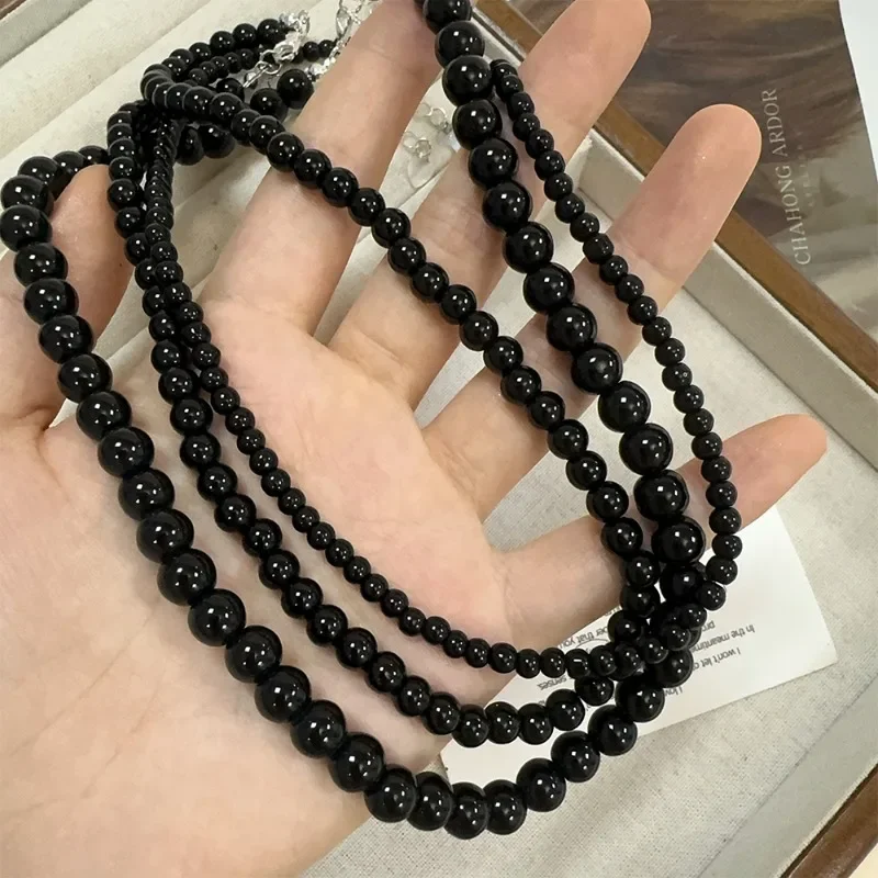 Kalung untai Hitam mutiara wanita pria, Kalung kasual serbaguna harian sederhana Vintage hadiah perhiasan modis