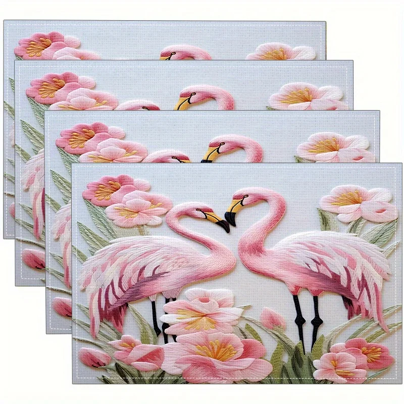 Flamingo Pink Floral Embroidery Effect Print Rectangular Placemats  Set Tropical Summer Dining Table Decor Mats 4PC 6PC 8PC