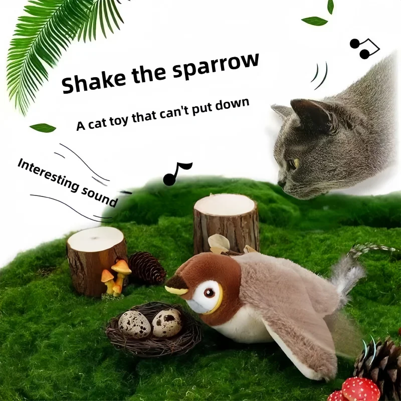 Interactive Cat Toys Chirping Electric Flapping Bird with Catnip Dogs Cats Touch Activated Squeak Plush Toy Pet USB Rechargeable