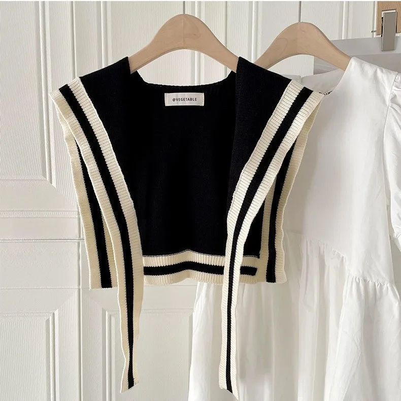 Women Striped Knitted Shawl Fake Collar Spring Summer Air Conditioned Room Neck Guard Knotted Scarf All Match Casual Soft Acryli