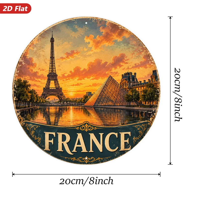 2D Flat, 1pc Paris Skyline Round Metal Sign Wall Art, Eiffel Tower, Louvre Pyramid, Sunset Reflection, Golden Sky, Paris Landmar