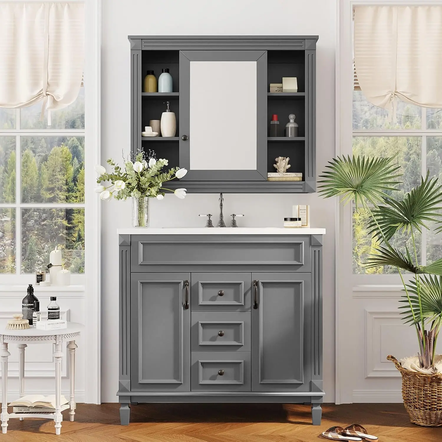 

36-дюймовый туалетный столик для ванной комнаты с подходящим аптечкой и одной раковиной, современный шкаф для раковины для ванной комнаты Undermount с 3, индивидуальными настройками