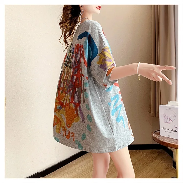 Loose Cotton T-Shirt Women's Summer Short Sleeve Graffiti Print Casual Comfortable Korean Style round Neck Mid-Length Top