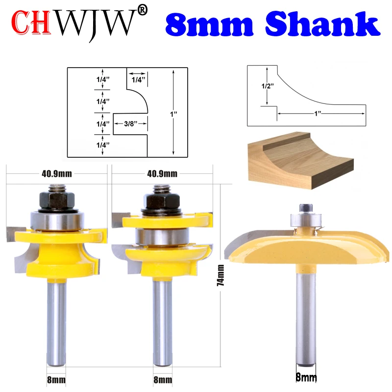 CHWJW 1-3PC 8mm Shank Rail & Stile Router Bits-Matched Quarter-round Woodworking cutter Tenon Cutter for Woodworking Tools
