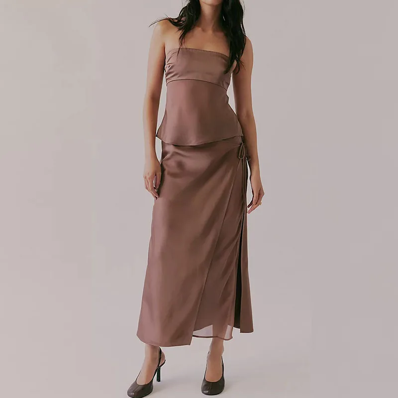 

Lady Off Shoulder Sleeveless Mesh Tops&Skirts Sets Lady Fashion Beach Outfits Summer Sexy Slim Solid Color Hollow Out Party Sets