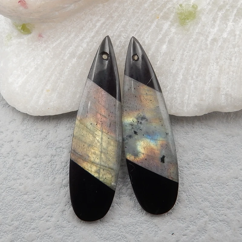 

Natural Labradorite with obsidian fashion Semi-precious stones, Jewelry accessories Earring Beads41x11x4mm7g