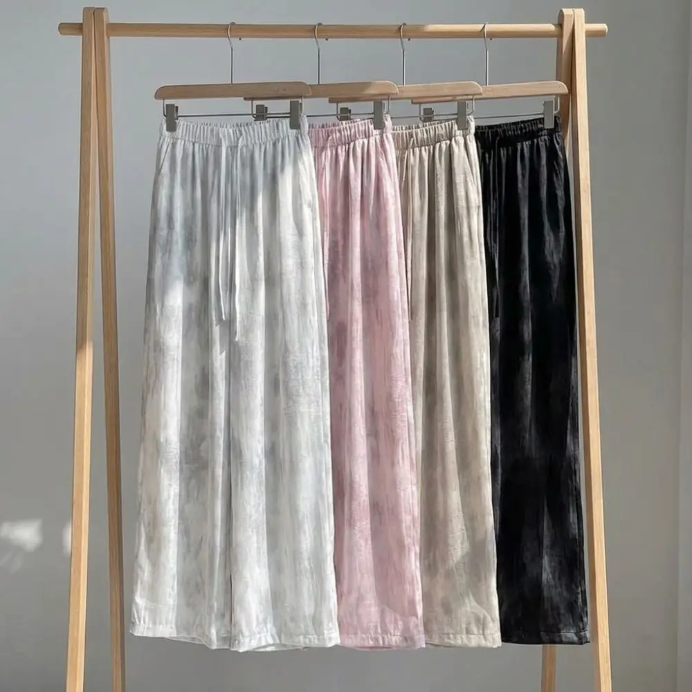 Casual Loose Fit Women Ice Silk Pants Wide Leg Breathable Tie-Dye Pants Oversized Straight Leg Draped Pants Summer Wear