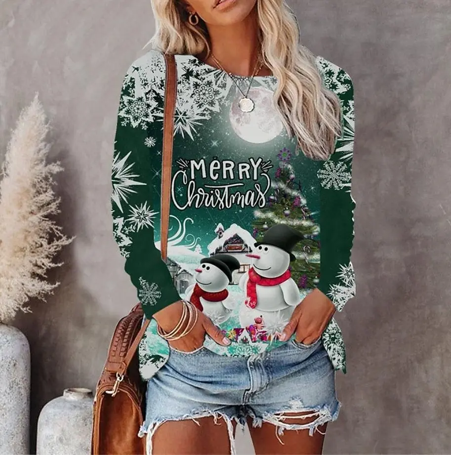 

Women's 3D Snowman and Snowflake Print Christmas Theme Round Neck Long Sleeve T-shirt Casual Comfortable Polyester Pullover
