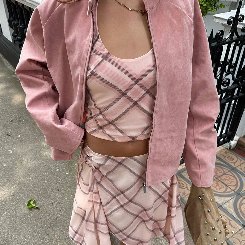 

BKLD 2025 Fashion Suede Versatile Basic Jacket For Women Solid Color Zipper Long Sleeve Loose Fit Casual Coat Autumn Winter Wear