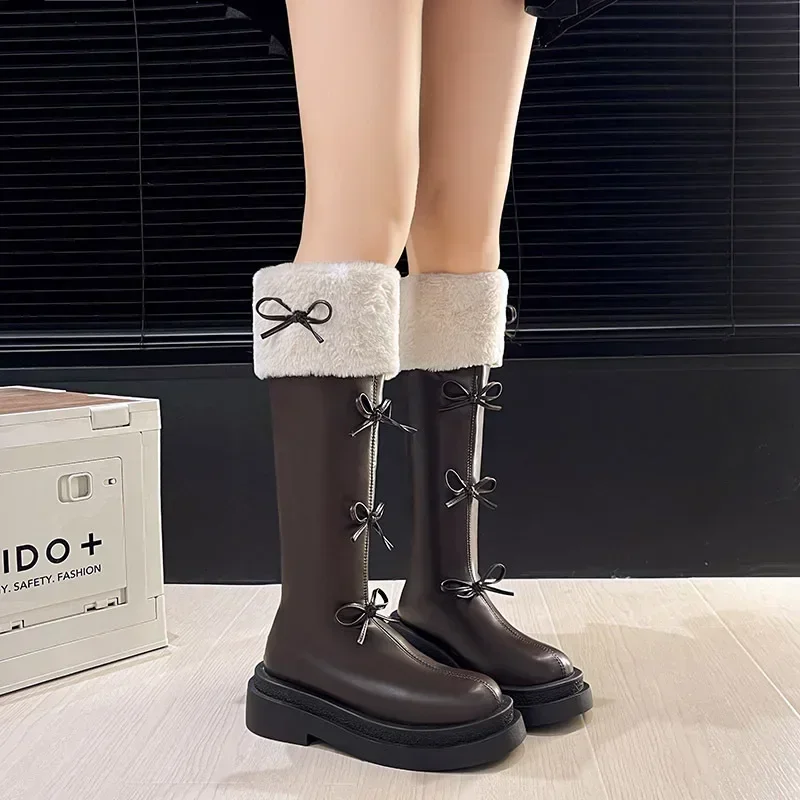 Leather velvet Knee High Boots For Women Winter Fashion bow Platform Knight Boots Woman Fashion Cross-Tied Botas Mujer 2024