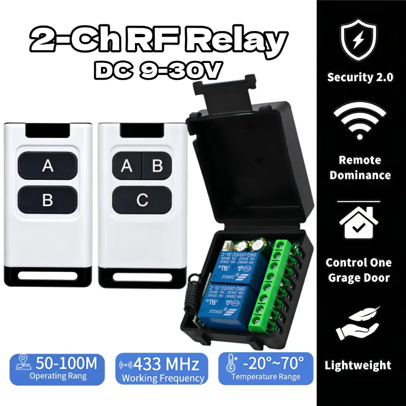 12V/24V 6-30V 433Mhz 2 Channel Relay Wireless Remote Control Switch + Two Keys Remote Controls for Garage Door Lighting Curtains
