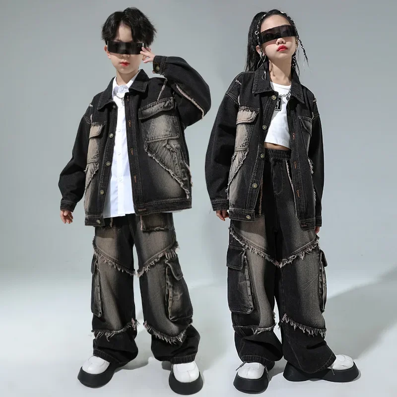 

Children Old Boy Girl Street Wear Hip Hop Denim Jacket Pant Suits Kids Teen Coat Jeans 2 Piece Set Performance Clothes Costume