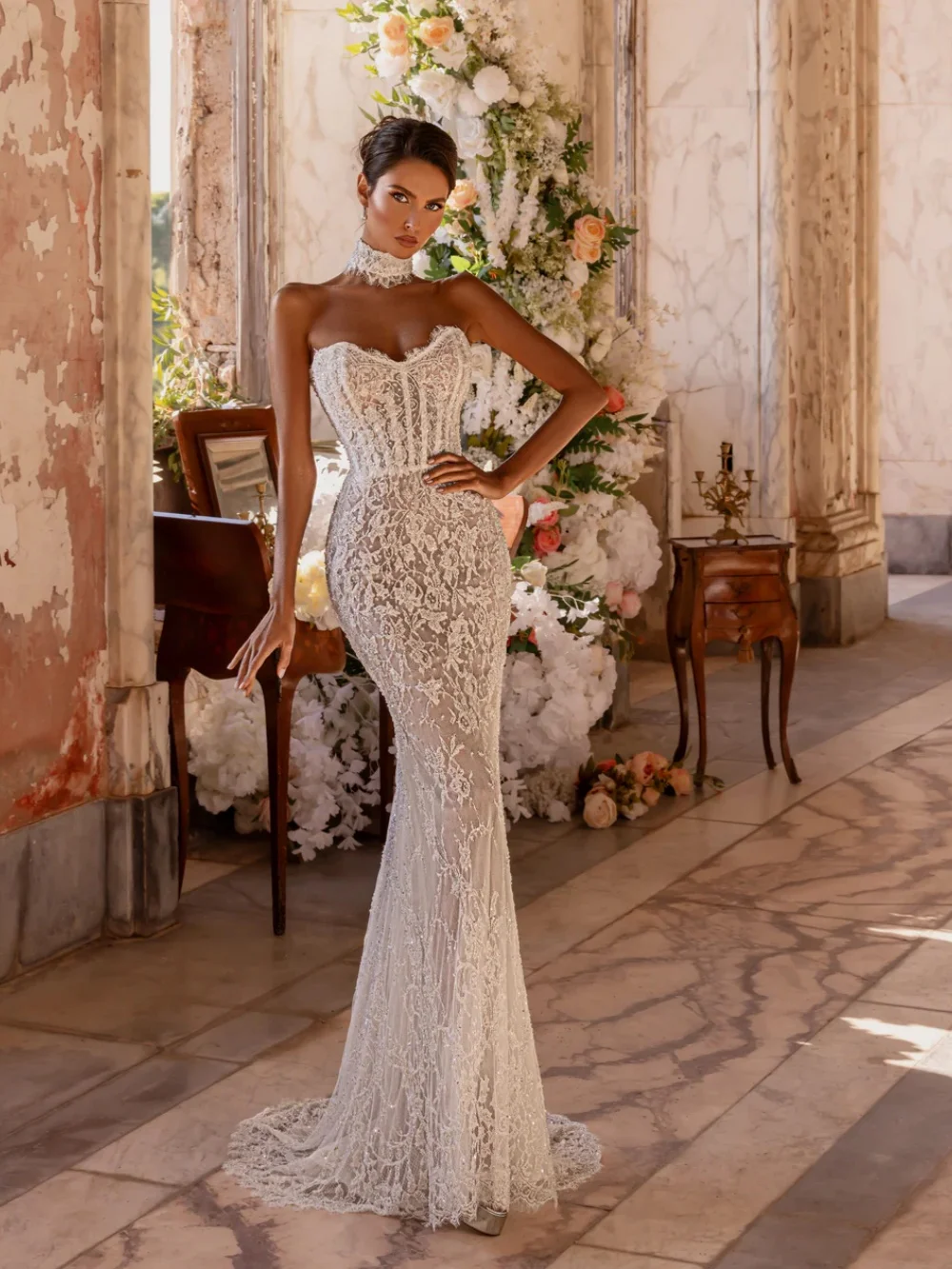 Suknia ślubna z haftem, koronką z koralikami, odpinanym trenem, iluzoryczna, syrenka, nowa, szyta na miarę, elegancka suknia dla panny młodej.