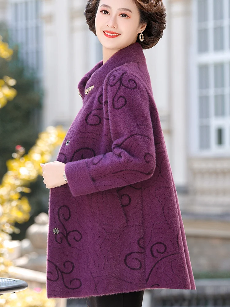 Casaco de Visom Faionável Outono Inverno 2025 para Mães de Meia-Idade e Idosas com Gola Alta e Fechamento de Botão Único Es...