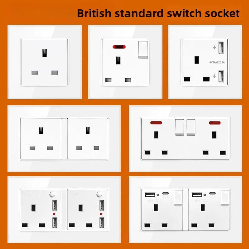Белая стеклянная розетка-выключатель 13А британского стандарта с USB Type C, квадратная панель, Гонконг-Макао, трехконтактная, скрытая установка в стену.