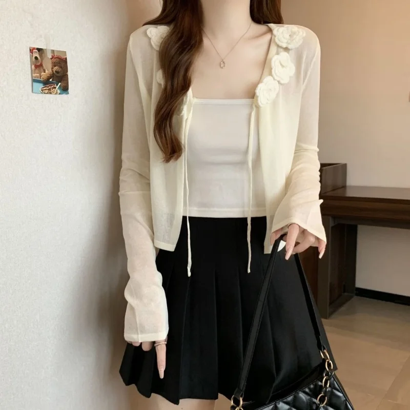 Women's Summer Plus Size Lightweight Knit Jacket Floral Ice Silk Design Short Cardigan Sweater Lapel