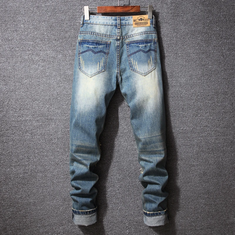 Vintage Blue Slim Men's Ripped Jeans Spring Autumn Fashion Tapered Scratch Hole Street Denim Trousers High-quality Brand Pants