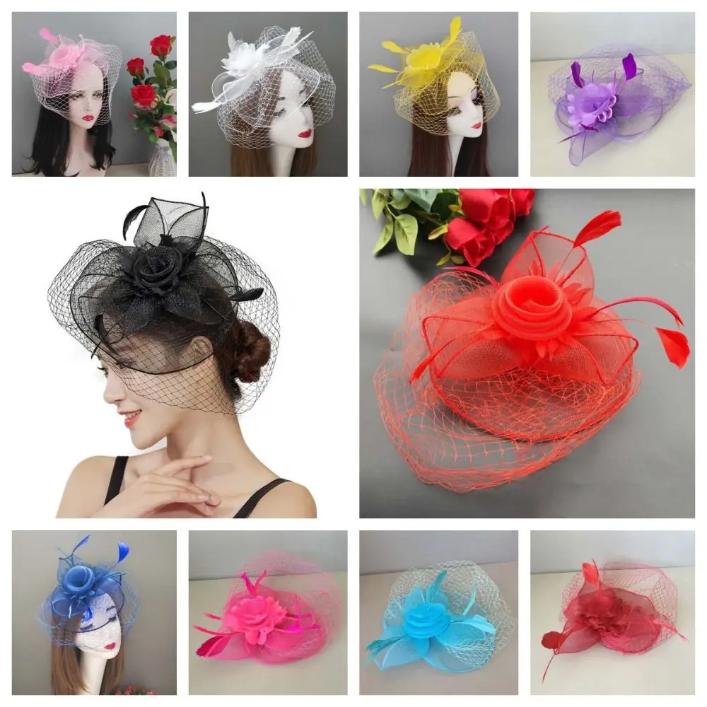 Vintage Feather Mesh Fascinator Hat Bow Elegant Veil Hat Headwear Sweet Hair Hoop Bride Headband Cocktail Party