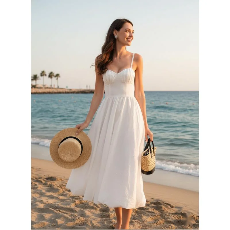 

Summer Women 100% Cotton Spaghetti Strap Balloon Midi Dress Corset Waist Flared A-Line Dress For Vacation Daily Party Beach Wear
