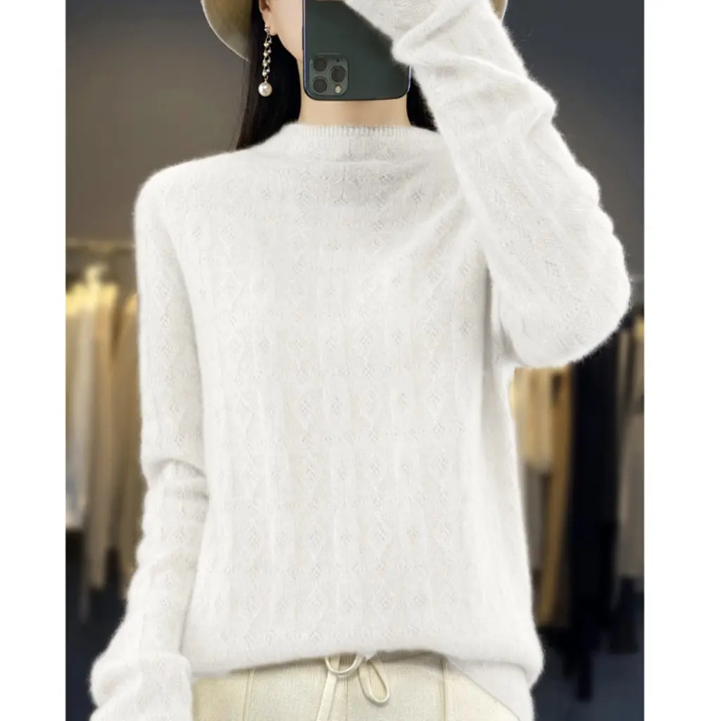 

Women's Autumn/Winter Checkered Diamond Hollow Knitted Woolen Sweater Base Layer Ready-to-Wear Fashion