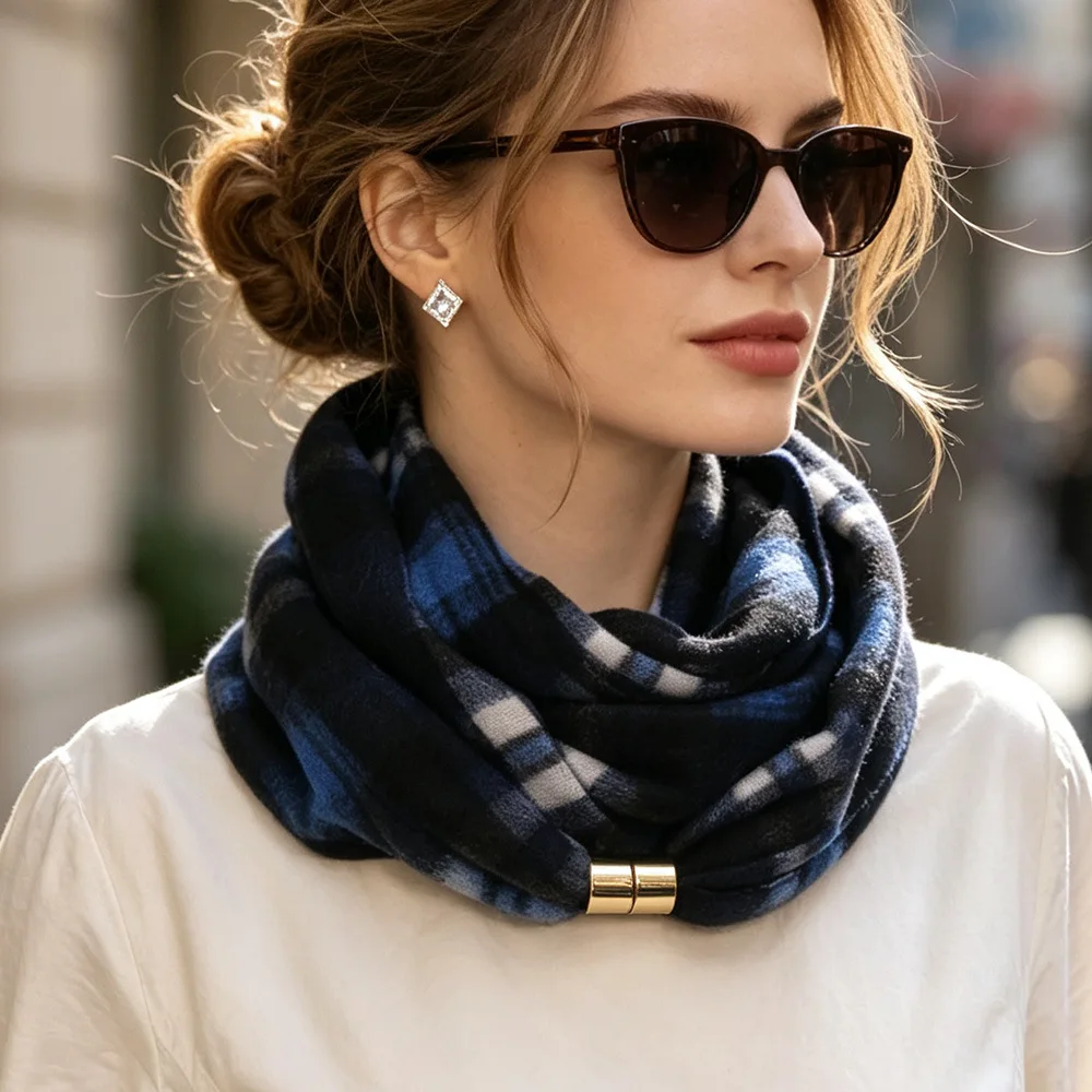 Fall Winter Women Plaid Magnetic Snap Neck Warmer Classic Check No Tie Scarf Warm Collar Protection Decorative Cover Daily New